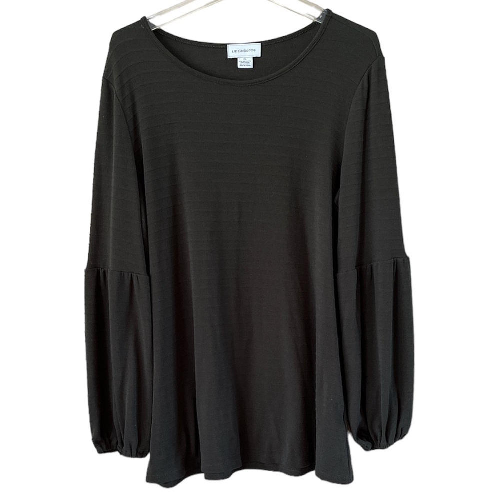 Liz Claiborne ribbed top balloon sleeves olive green size XL scoop neck